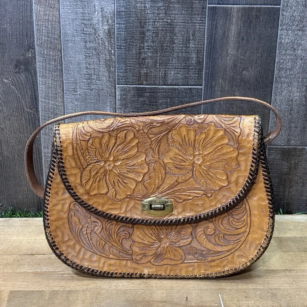 Vintage DCH Hand Tooled Leather Purse Floral Western Whipstitch Shoulder Bag